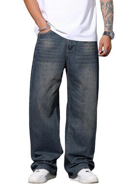 Men's Haze Blue Wide Leg Loose Fit Hip Hop Streetwear Casual Denim Baggy Jeans